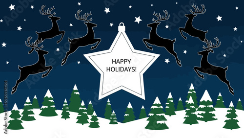Holiday Greetings: Festive card, featuring stylized reindeer gracefully soaring across a starry night sky. The image evoke feelings of warmth and joy. 