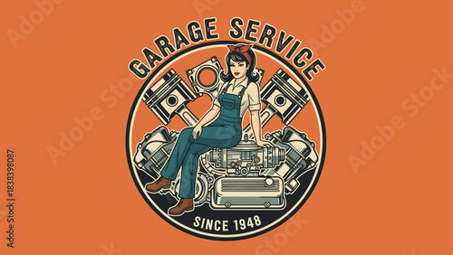 Garage Service Illustration: A vintage illustration showcases a mechanic, surrounded by engine components, creating a scene that evokes nostalgia, craftsmanship and mechanical expertise.