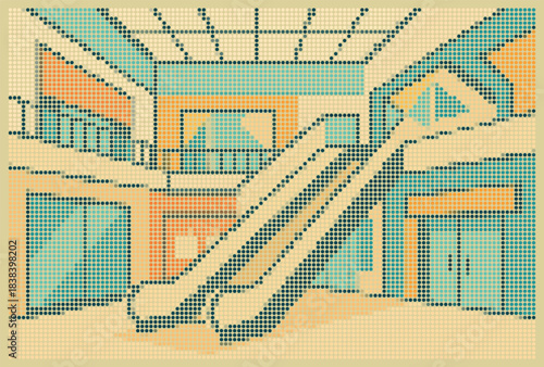 Shopping Mall Atrium Halftone Mosaic: Escalators & Geometric Storefronts Art