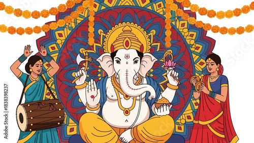 Ganesha, the Divine Protector: A vibrantly illustrated depiction of the beloved Hindu deity Ganesha, surrounded by devotees. capturing the essence of spirituality and tradition.