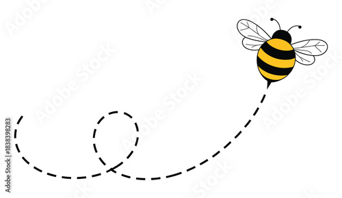 Bee Flying Path Vector Illustration Featuring A Hand-Drawn Bee Following A Dotted Line Route Showing Cute Whimsical Flight Movement For Nature Designs, Patterns, And Graphic Projects
