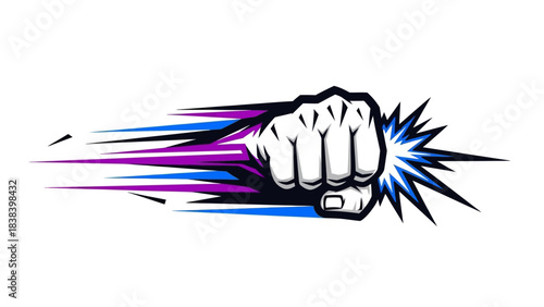 A dynamic illustration of a clenched fist punching forward with streaks of purple and blue motion lines.