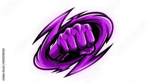 A powerful purple clenched fist emerging from a dynamic swirling energy vortex, stylized graphic icon.