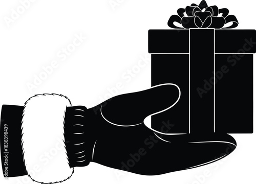 Black and white silhouette of a gloved hand offering a festive gift box with a large bow against a clean white background