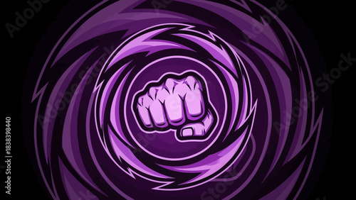 A stylized purple fist icon with a powerful swirling energy vortex effect on a black background, representing strength and impact.