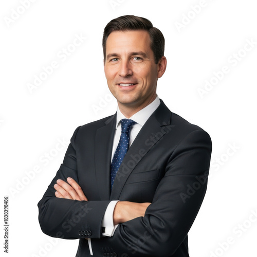 Professional business executive confidently posed with arms crossed wearing a sharp dark suit and blue tie isolated on transparent background