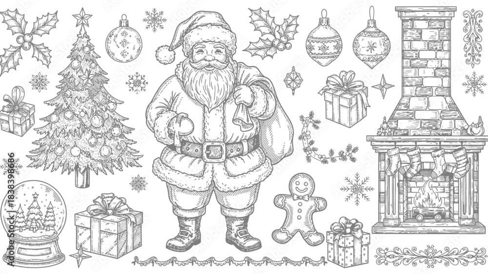 Fototapeta premium Christmas Collection: An elegant illustration of festive elements, including Santa Claus, adorned Christmas tree, and wrapped gift, and other festive decoration evoking the holiday spirit.