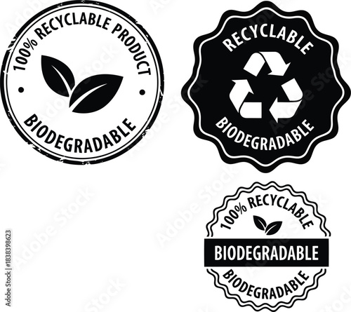 Eco friendly recyclable biodegradable product stamps labels set for sustainable packaging and marketing vector