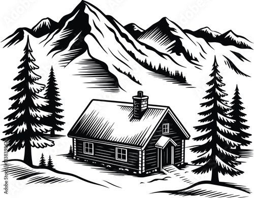 Woodcut winter scene rustic cabin with steep, snow-covered roof and chimney, surrounded by pine trees and majestic mountains