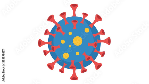 A detailed illustration of a blue coronavirus particle with red spike proteins and yellow internal components, set against a white background.