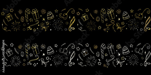 Golden and white festive christmas doodles border on a dark background