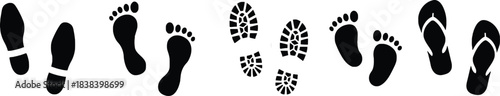 footprint, footprints, shoe print, shoe prints, flip flop, sandal, boot print, boot prints, walking, steps, path, journey, track, trail, silhouette, black, white background, isolated, collection, set,