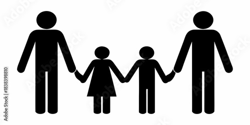 Simple black silhouette depicting a family of four holding hands together