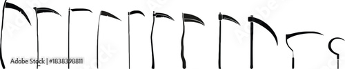 scythe, grim reaper, death, weapon, tool, agriculture, sickle, blade, handle, long, short, curved, sharp, metal, wood, silhouette, collection, set, icon, symbol, isolated, white background, medieval, 