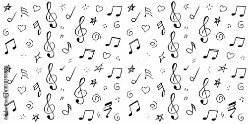 Black and white pattern of musical notes hearts and stars on a white background