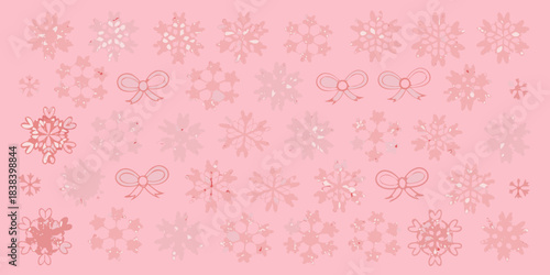 A delicate pink background adorned with white snowflakes and charming ribbon bows