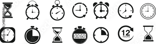 time, clock, watch, hourglass, stopwatch, alarm, timer, measurement, duration, seconds, minutes, hours, icon, symbol, graphic, collection, set, design, element, vintage, retro, modern, digital