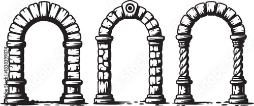 Stone arch frame set, hand drawn fantasy portal doorway, ancient medieval gate ruin ink illustration. Architecture facade archway, old rock column entrance exterior. Engraved stone castle arch clipart