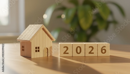 Wooden miniature house and 2026 blocks on a sunny table. Concept of future real estate investment and housing market.