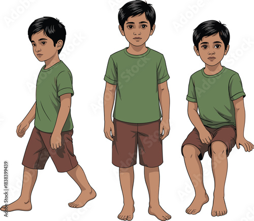 Cartoon boy in walking, standing, and sitting poses for character design, motion study, and educational illustration themes.