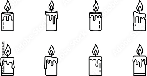 Set of eight black line art icons depicting various styles of burning candles with dripping wax details on a white background