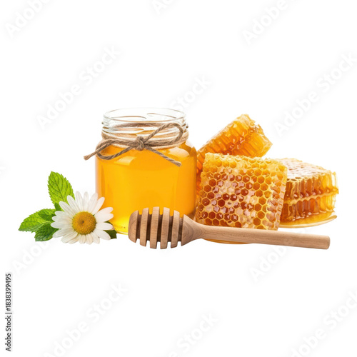 Jar of honey with honeycomb, dipper, and daisy flower isolated on transparent background
