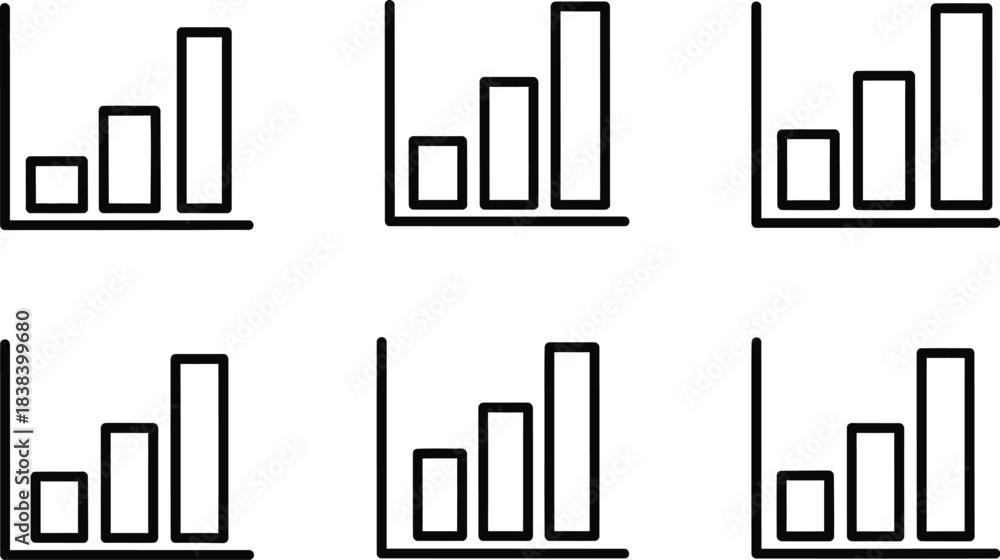 Obraz premium Set of six simple black outline bar chart icons showing increasing data trends for business analytics and reporting concepts