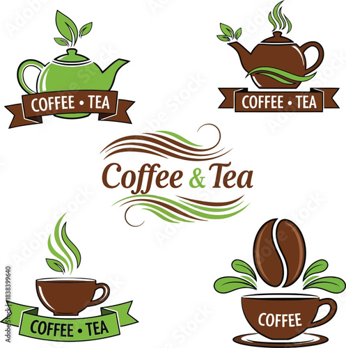 Artistic collection of coffee and tea beverage logos and icons for cafes and brands vector