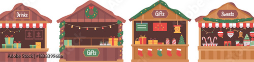 Cartoon Christmas market stalls with festive decorations and labeled counters for drinks, gifts, and sweets for holiday themes.