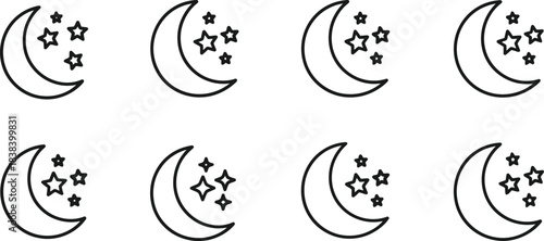 Set of eight simple black line icons depicting a crescent moon accompanied by various arrangements of small stars for nighttime celestial themes