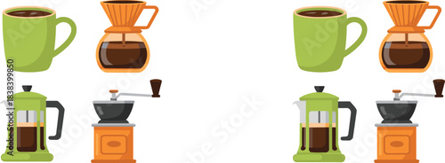 Cartoon coffee equipment set with mugs, grinders, French press, and pour-over tools for café, kitchen, and brewing themes.