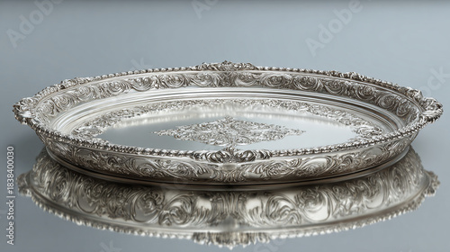 An antique silver tray with intricate detailing, placed on a reflective surface