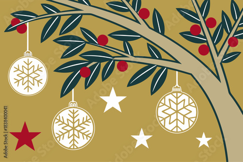 Modern and minimalistic Christmas backdrop with bright wood style, accented with baubles, fir branches, and snowflakes.