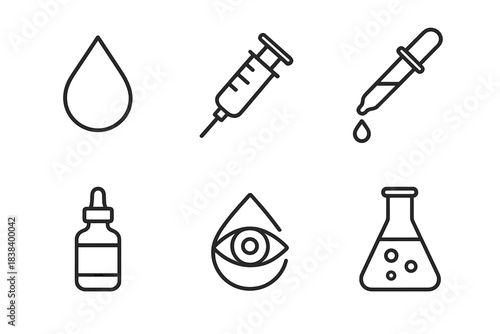 Medical line icons set: dropper, syringe, eye, beaker, drop, bottle