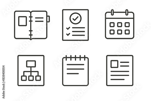 Minimalist office icons set: agenda, tasks, calendar, flowchart, notebook, document