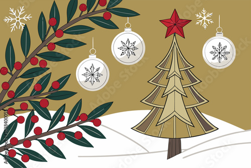 Festive Christmas background with a bright wood texture, framed by ornamental trees, baubles, stars, and a light dusting of snow.