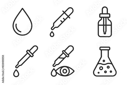 Minimalist set of scientific lab icons with pipettes and droplets