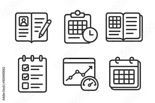 Icons of notebooks and calendars for time management and planning