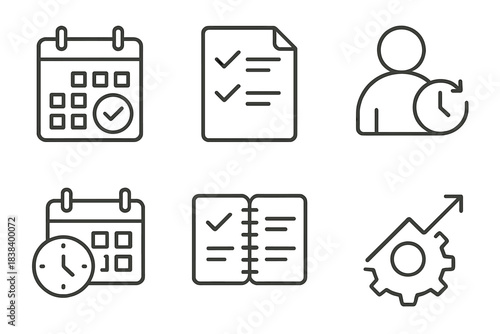 Linear icons: calendar, checklist, time management, efficiency symbols