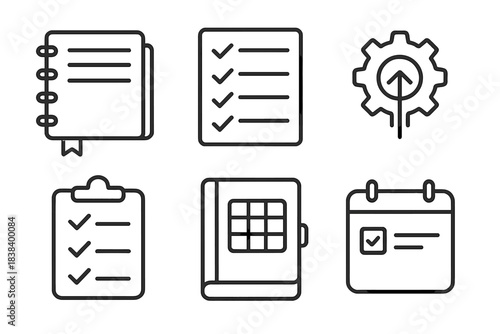 Minimalistic icon set of checklists, notebook, calendar, and gear growth symbol