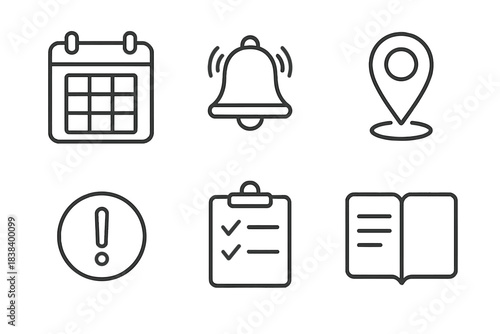 Calendar, alert bell, location pin, exclamation mark, checklist, open book icons