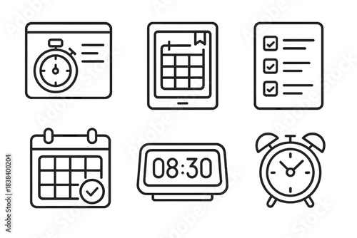Clock and calendar line icons set for time management and scheduling