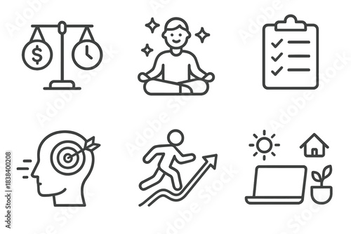 “balance, meditation, task management, focus, progress, productivity icons”