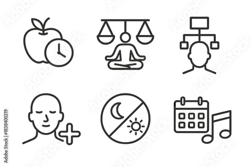 Set of wellness and time management icons featuring yoga, routine, meditation, balance, and schedule