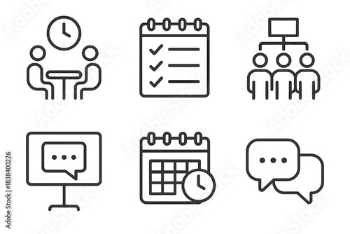 Business and communication icons including meeting, schedule, and messaging symbols