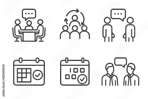 Business meeting and collaboration icons with calendars and conversations