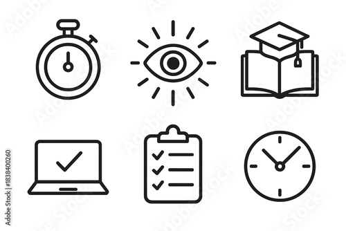 Time management and education icons: stopwatch, eye, book, laptop, checklist, clock