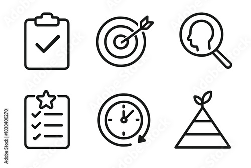 Icons representing goals, tasks, and time management concepts in line art style