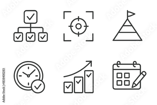 Business planning icons: checklist, focus, pyramid, clock, growth, calendar symbol set