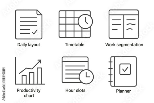 Daily layout and productivity chart with timetable and planner icons